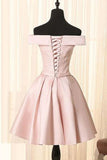 Simple A Line Off the Shoulder Pearl Pink Satin Short Homecoming Dresses with Lace