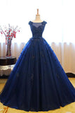 Dark Blue Tulle Lace Beads Ball Gown Open Back Sweet 16 Dress Quinceanera Dresses