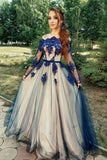 Unique Long Sleeve Off the Shoulder Tulle Long Prom Dresses, Appliques Blue Party Dresses STI15459