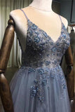 Spaghetti Straps Gorgeous Beading Prom Dress A Line Split Tulle P4SY2133