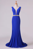 2024 Open Back Column Prom Dresses V Neck Dark Royal Blue Beaded Waistline Sweep P65N6EEB