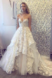 A-line 3D Lace Appliques V Neck Strapless Wedding Dresses Chapel Train Wedding Gowns