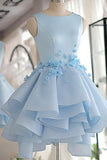 Sky Blue A-line Scoop Neck Satin Tulle Short Flowers Original Mini Dress Homecoming