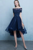 Dark Blue Lace Tulle Short Sleeve High Low Round Neck A-Line Short Prom Dresses