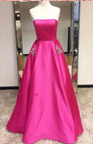 A-Line Satin Strapless Princess Floor-length Beading with Pockets Sleeveless Prom Dresses