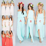 Chiffon Cheap Long Pretty Young Mint Mismatched Side Split Bridesmaid Dresses