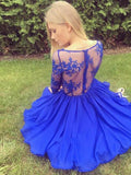 Charming A Line V Neck Long Sleeves Royal Blue Lace Short Homecoming Dresses