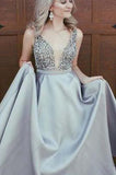 Sexy Elegant Sparkly Beads Top A-line Open Back V-Neck Stretch Satin Prom Dresses