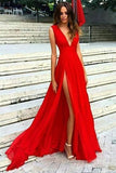 Elegant Red Split V-Neck A-Line Chiffon Sexy Floor-Length Prom Dresses