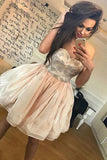 A-Line Sweetheart Cute Short Prom Dress Organza Above Knee Homecoming Dress with Lace