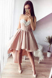 A-Line Sweetheart High Low Pink Stretch Satin Homecoming Dress with Appliques