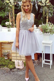 A-Line V-Neck Short Lilac Above Knee Tulle Appliques Homecoming Dress with Lace