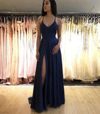 Elegant Spaghetti Straps V Neck Royal Blue Side Slit Prom Dresses Long Evening Dresses