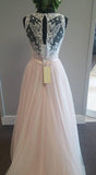 Pretty pink tulle lace v-neck A-line long dress prom dress for