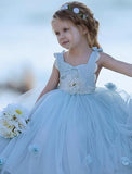 Blue Round Neck Ball Gown Tulle Sleeveless Flower Girl Dresses