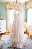 Stunning A-Line Spaghetti Straps Sleeveless High-Low Appliques Wedding Dress