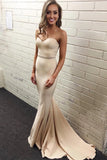 Simple Sweetheart Satin Mermaid Strapless Cheap Nude Long Pageant Prom Dresses