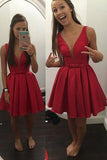 A-line Knee-Length V-neck Satin Red/Blue Ribbon Homecoming Dress