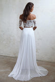 A-Line Long Lace Ivory Chiffon Off the Shoulder Short Sleeve Two Pieces Wedding Dresses