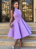 A-Line High Neck Tea-Length Sleeveless Purple Satin Homecoming Dress with Appliques