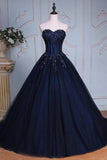 Princess Ball Gown Sweetheart Navy Blue Beads Ruffles Long Tulle Prom Dresses with Lace up