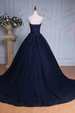 Princess Ball Gown Sweetheart Navy Blue Beads Ruffles Long Tulle Prom Dresses with Lace up