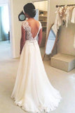 A-line Round Neckline Chiffon Lace Long Open Back Sleeves Wedding Dresses