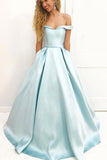 Light Blue A Line Brush Train Off Shoulder Sweetheart Sleeveless Prom Dresses