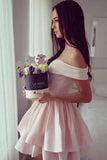 A-Line Off-the-Shoulder V-Neck Ruffles Short Pink Mini Satin Homecoming Dress