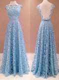 Elegant A Line Lace Appliques Long Blue Open Back Prom Dresses Homecoming Dresses