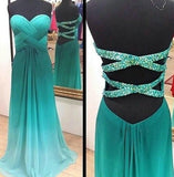 Simple A-Line Chiffon Ombre Strapless Green Sweetheart Open Back Prom Dresses