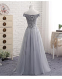 Cute A line Gray Lace Off Shoulder Lace-up Prom Dress with Appliques Graduation Dresses