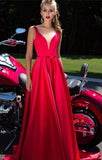 New A-Line Appliques Beads Floor Length Deep V-Neck Red Sexy Elegant Prom Dresses