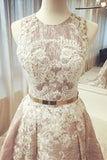 A-Line Round Neck Long Wedding Dress Sleeveless Scoop Belt Appliques Prom Dresses