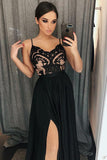 Unique A-Line Chiffon Spaghetti Straps Black Split Long Sweetheart Prom Dress with Lace