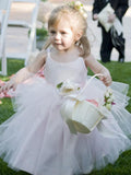 Ball Gown Scoop Neck Tulle Elastic Woven Satin Ankle-length Flower(s) Flower Girl Dresses