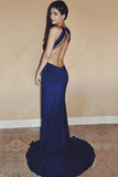 Sexy Royal Blue Chiffon Sleeveless Sweetheart Open Back Split Front Long Prom Dresses