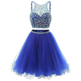 Jewel Neck Illusion Sequins Crystal Shining Two Piece Low Back Royal Blue Tulle Homecoming Dress