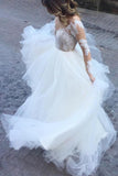 White Excellent Tulle Bateau Neckline Long Sleeves A-line Appliques Wedding Dresses