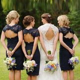 Lace Short Open Back Cheap Navy Blue Cap Sleeve Mermaid Bridesmaid Dresses