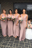 A Line Long Chiffon V Neck Ruffles Pink Prom Dresses,Floor Length Bridesmaid Dresses uk PW264