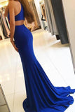 Royal Blue Long Mermaid Open Back Halter Slit Simple Cheap Prom Dresses