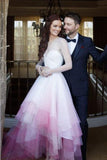 Chic A Line Sweetheart High Low Ombre Organza Long Sleeve V Back Wedding Dress