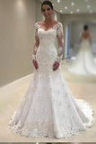 Elegant Lace V Neck Neckline Mermaid Long Sleeve Wedding Dresses with Appliques