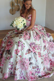 Ball Gown Printed Satin Sweetheart Spaghetti Straps Sleeveless Prom Dress Wedding Dress