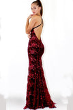 Fashion Spaghetti Straps Burgundy Sequin Mermaid Backless Deep V Neck Prom Dresses