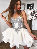 Cute A Line Scoop Grey Lace Appliques Ivory Mini Satin School Dress Homecoming Dresses