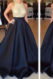 New Arrival Crew Neck Gold Sequins Black Satin Backless Sleeveless Prom Dresses