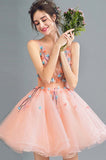 A Line Orange Cheap Ball Gown Spaghetti Straps Above Knee Flowers Homecoming Dresses