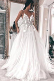 A Line V Neck Tulle Long Ivory Spaghetti Straps Lace Appliques Cheap Prom Dresses